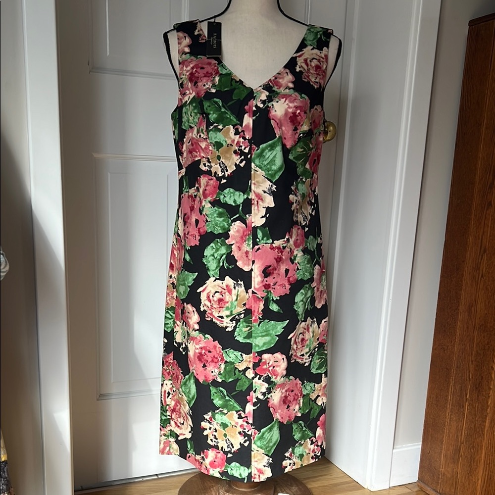 Talbots Black Floral Sheath Dress with Pink and Green Roses